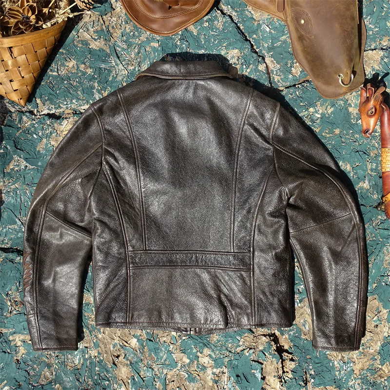 Retro Genuine Leather Jacket Deep Brown Cracked Glass Patterned Vintage Top-Grain Leather Embroidered Newsboy Style