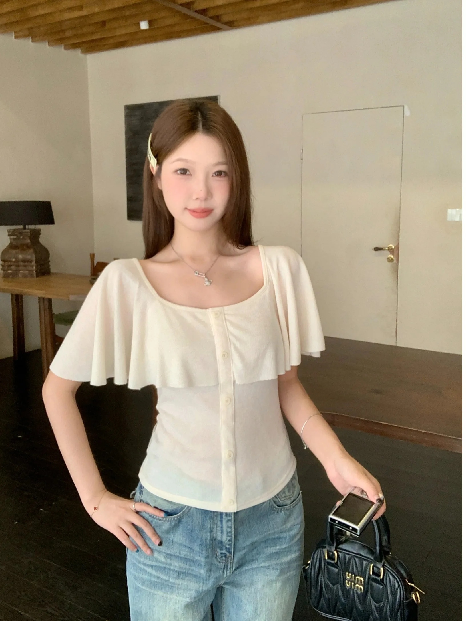 

plus Size Women's T-Shirt Summer New Style Waist Cinching Slimming One Shoulder Square Collar Short Sleeve Floral Lace Hem Top