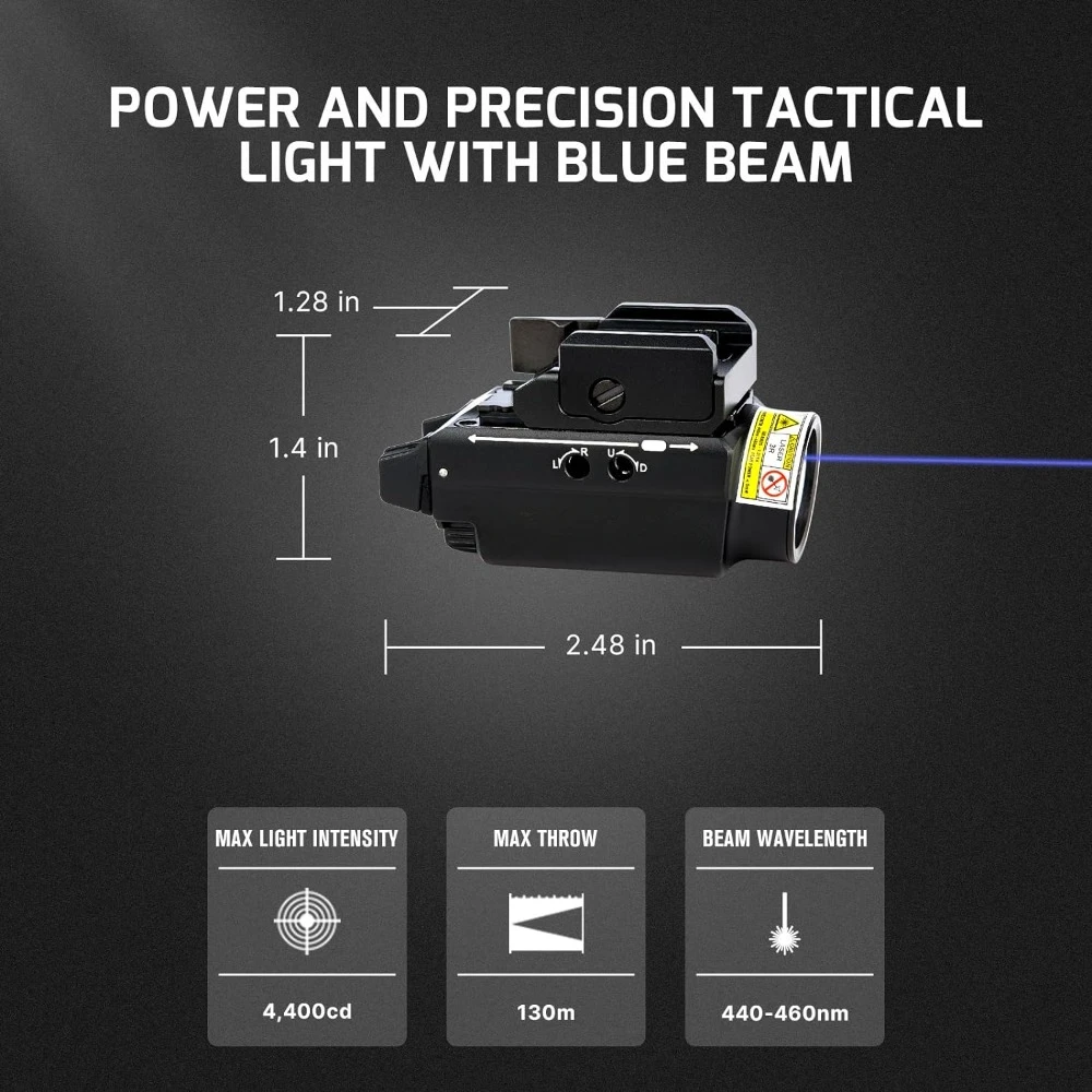 Blue Beam 800 Lumens Magnetic USB Rechargeable Tactical Flashlight with White LED Combo, Compact Rail Mount Weaponlight