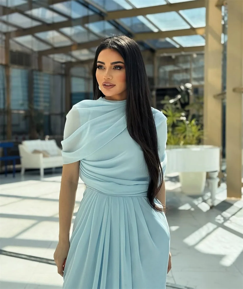 أماندا مخصصة الأزرق عالية الرقبة ثنيات فساتين لحضور الحفلات الموسيقية غمد الدانتيل متابعة vestidos de noche أنيقة الطابق طول مساء رسمي 2025