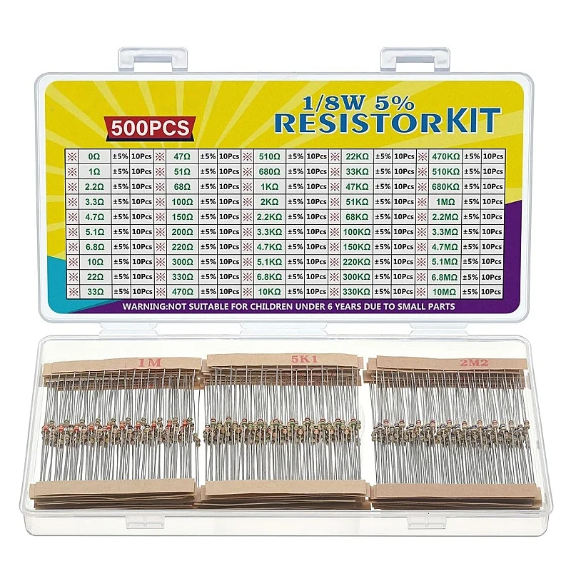 

50 Values 1/8W Resistor Kit from 1 Ohm to 1M Ohm 1/8 Watt 5% Carbon Film Resistors Assortment