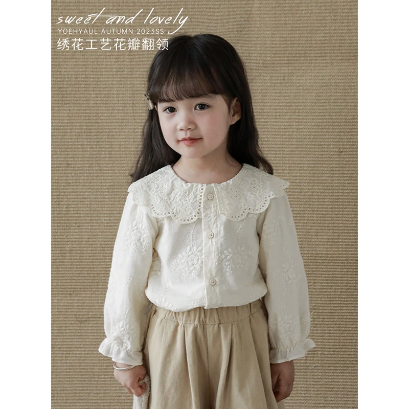 

Autumn Girls Embroidery Petal Collar Long Sleeve Shirt Children Sweet Top