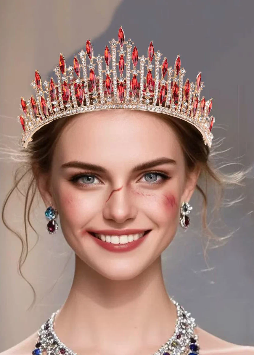 1 Buah Hiasan Kepala Mahkota Merah, Mahkota Ulang Tahun, Mahkota Ratu Retro, Kerudung Utama Pengantin Wanita, Mahkota Kelas Atas