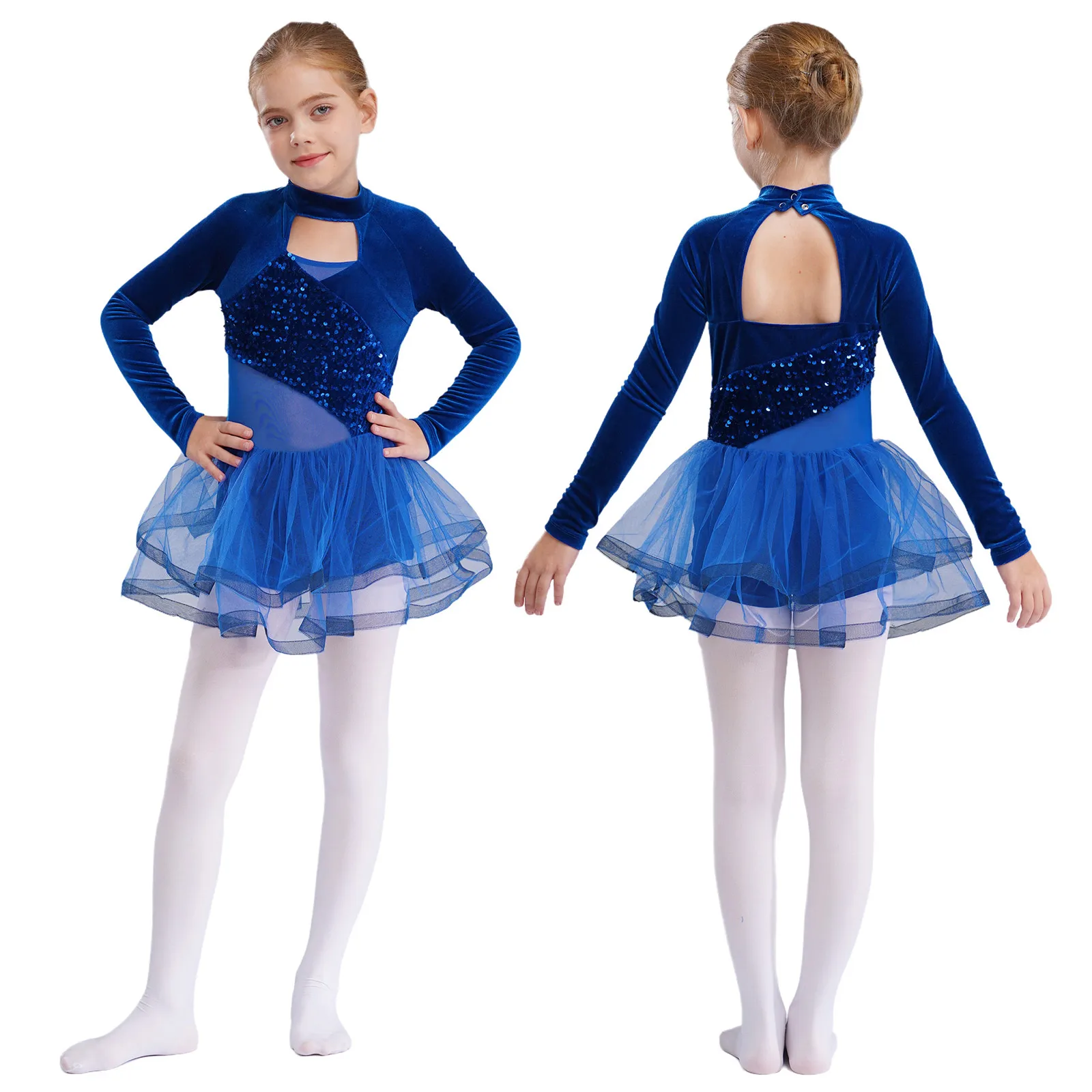 Children Girls Lyrical Dance Dress Ballet Figure Skating Gymnastics Leotard Tutu Long Sleeve Shiny Sequin Velvet Mesh Dancewear