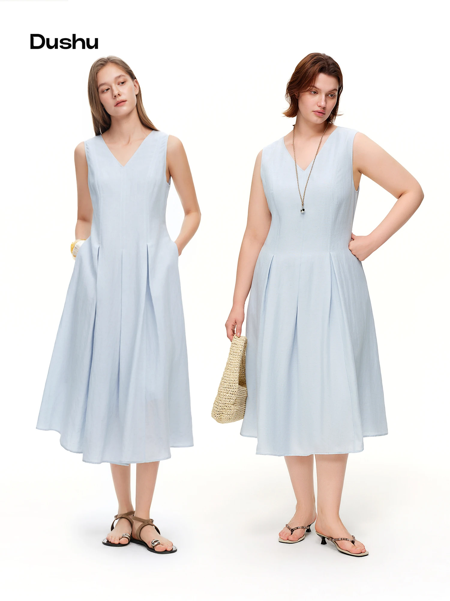 

DUSHU 2026 Spring Women's Two-Tone Waist-Defining Sleeveless Maxi Dress - Linen Blend Elegant Long Dress for Vacation