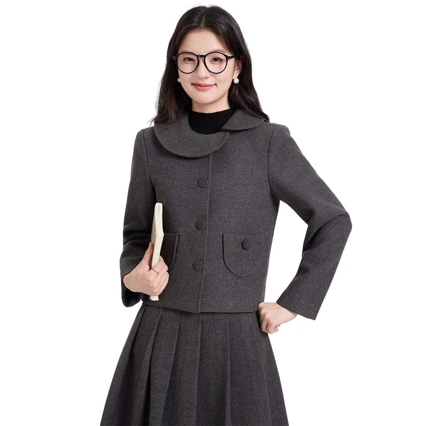 

Autumn/Winter High end Peter Pan Collar Short Coat High Waist Pleated Midi Skirts Set Wool Two Piece Sets Women Outfits