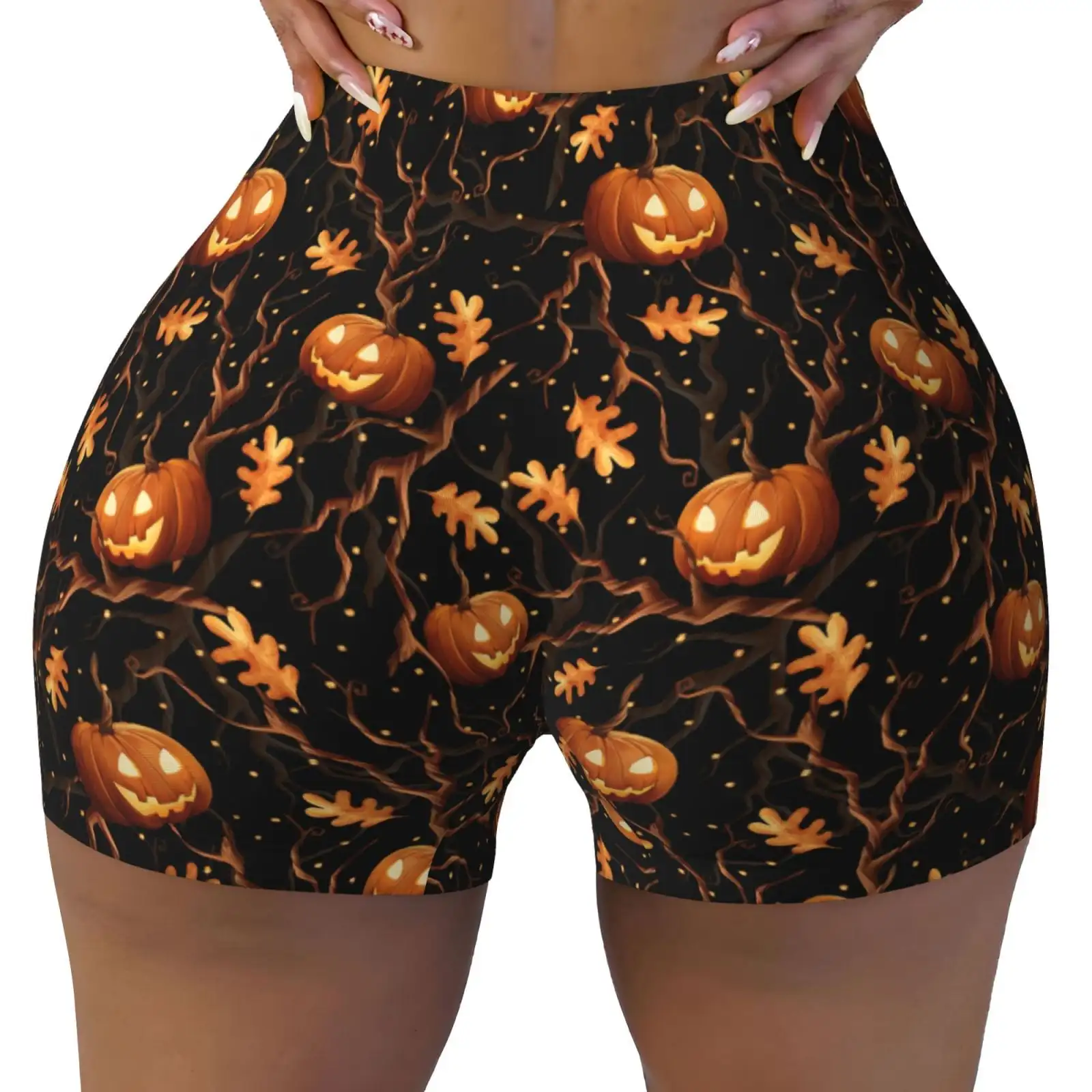 Halloween With Pumpkins Print Workout Shorts for Women Seamless Soft Smooth Gym Yoga Scrunch Active Shorts