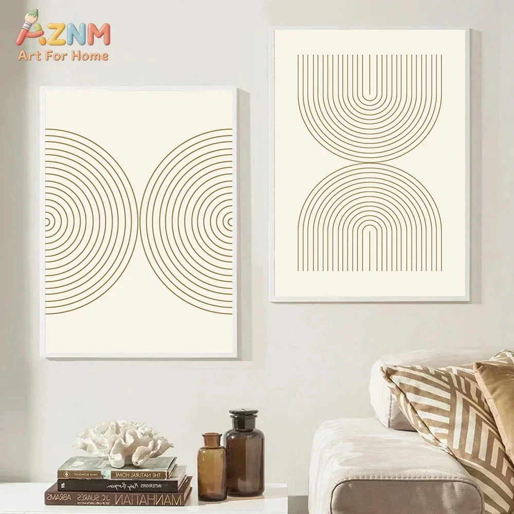 AZNM Neutral Beige Geometric Line Canvas Wall Art Abstract Curved Arch Concentric Line Print Minimalist Boho Living Room Bedroom