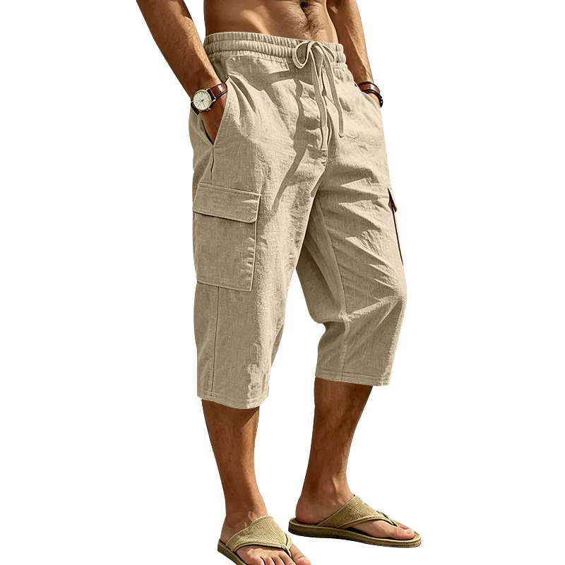 Europäische und amerikanische Sommer-Shorts aus Leinen für Herren, lässig, Outdoor, Arbeitskleidung, Pendler, Sport, Multi-Pocket, 7/8-Länge – Detail 27