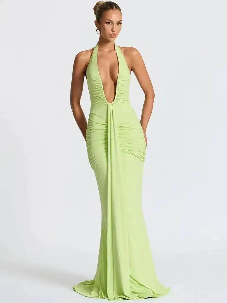 Tief Ausgeschnittenes Rückenfreies Gerafftes Sexy Maxikleid Damen Sommerkleid Halfter Ärmellos Drapiertes Club-Party Langes Kleid 2026 O5D8