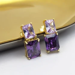 HESHI 925 Sterling Silver Red Purple Rectangle Zircon Drop Earrings for Women Girl Exquisite Sweet Jewelry Shining Brightly