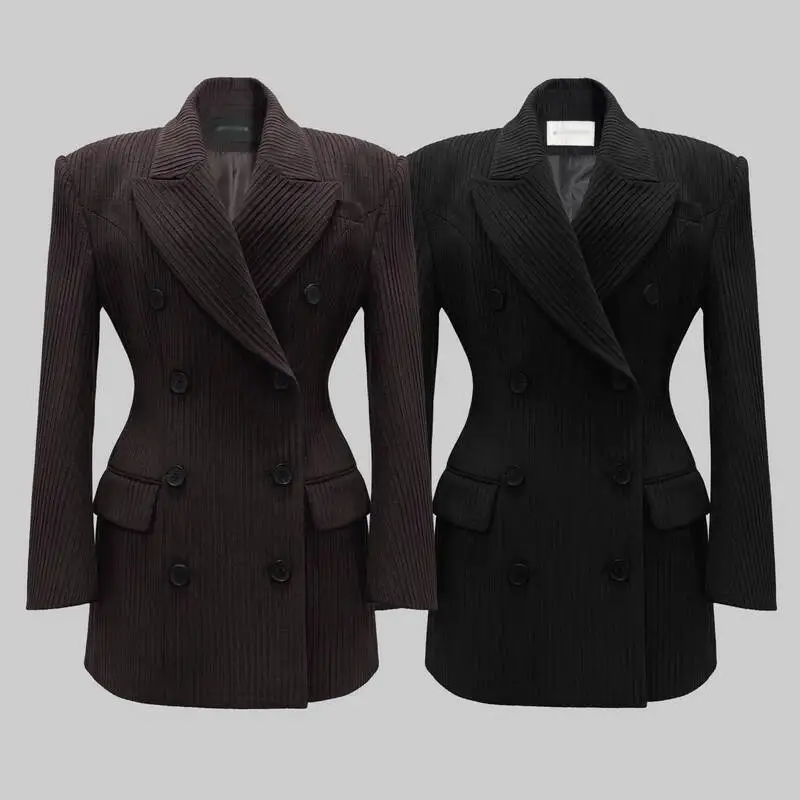 เสื้อเบลเซอร์ผู้หญิง VTKW 2025 รุ่นสปริง สีดำ ลายทาง กระดุมสองแถว ทรงเข้ารูป แขนยาว สไตล์ชิค เหมาะสำหรับทำงาน แฟชั่น