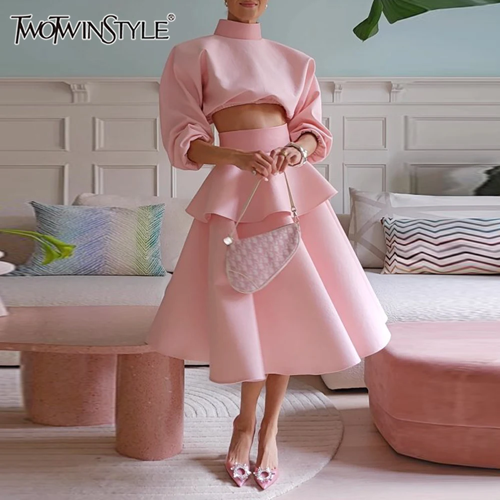 

TWOTWINSTYLE Solid Elegant Two Piece Sets for Women Stand Collar Long Sleeves Top High Waist Spliced Ruffles Skirt Set Female
