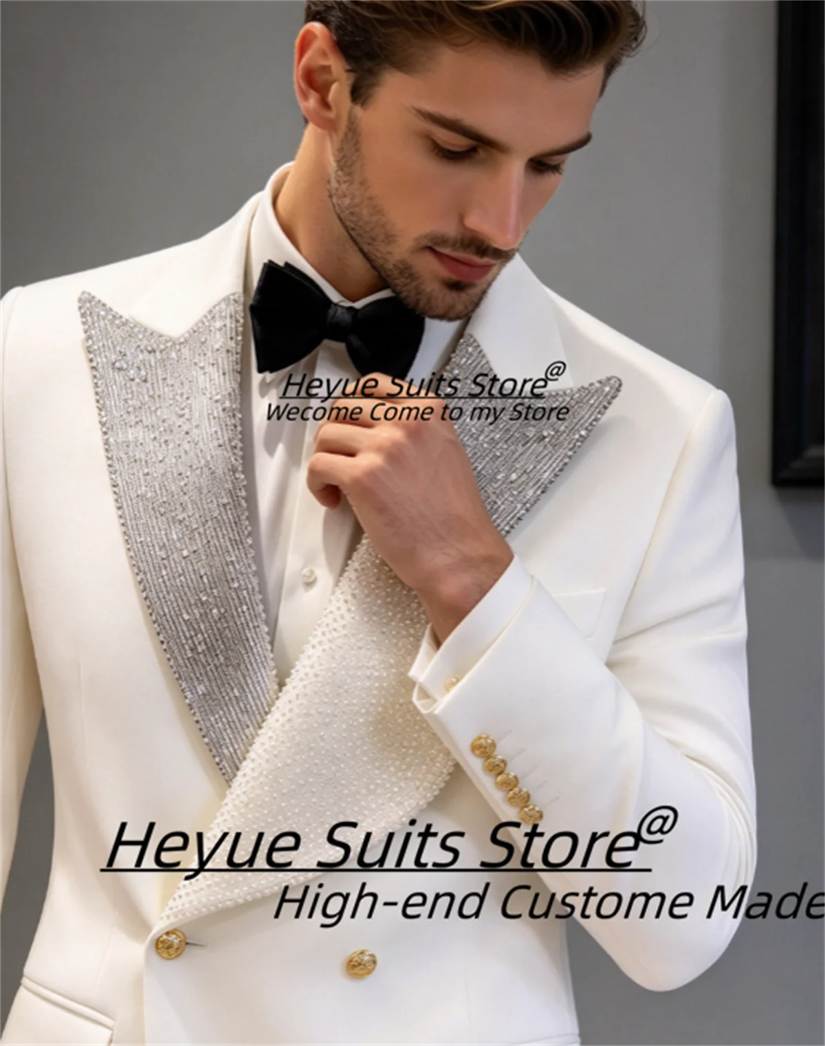 Asymmetric Lapel Handmade Pearl Rhinestone Men Suits Customized White Peak Lapel Slim Fit 2 Pieces Sets Formal Costume Homme