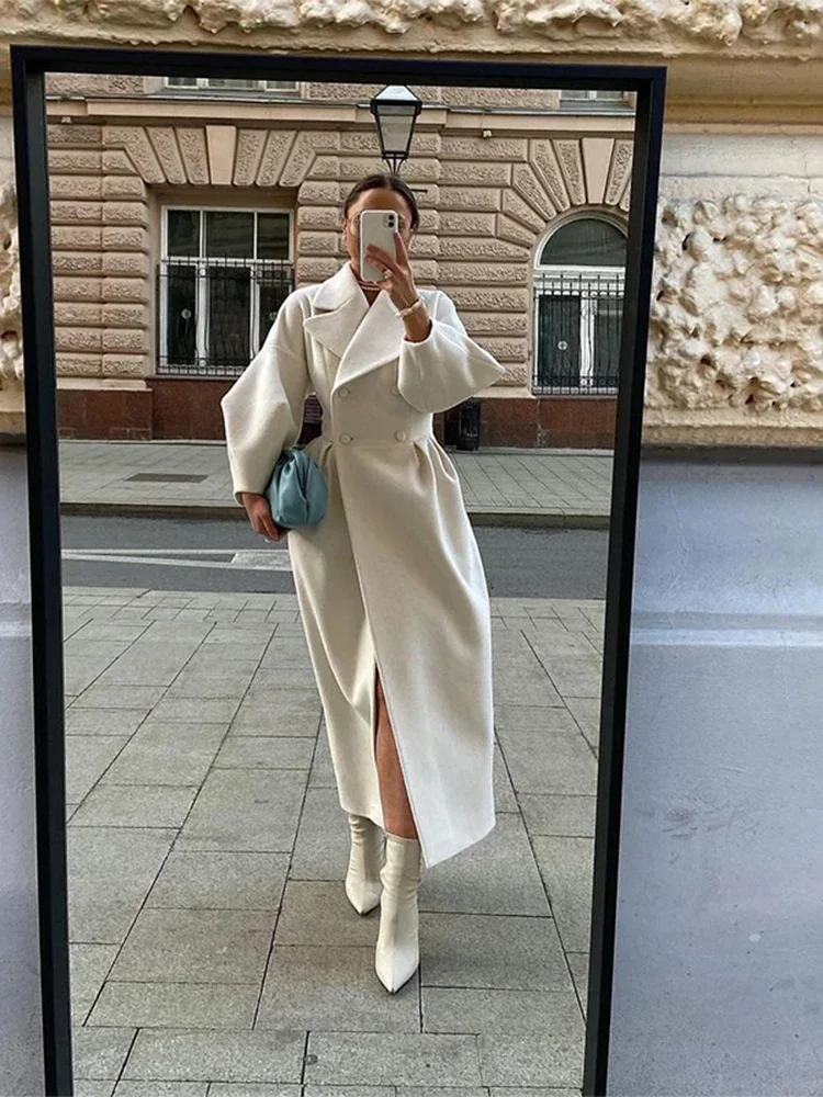 Elegant Solid Woolen Blend Overcoat Women Fashion Thick Lapel Double-Breasted Long Sleeve Jacket 2024 Spring Autumn Lady Outwear