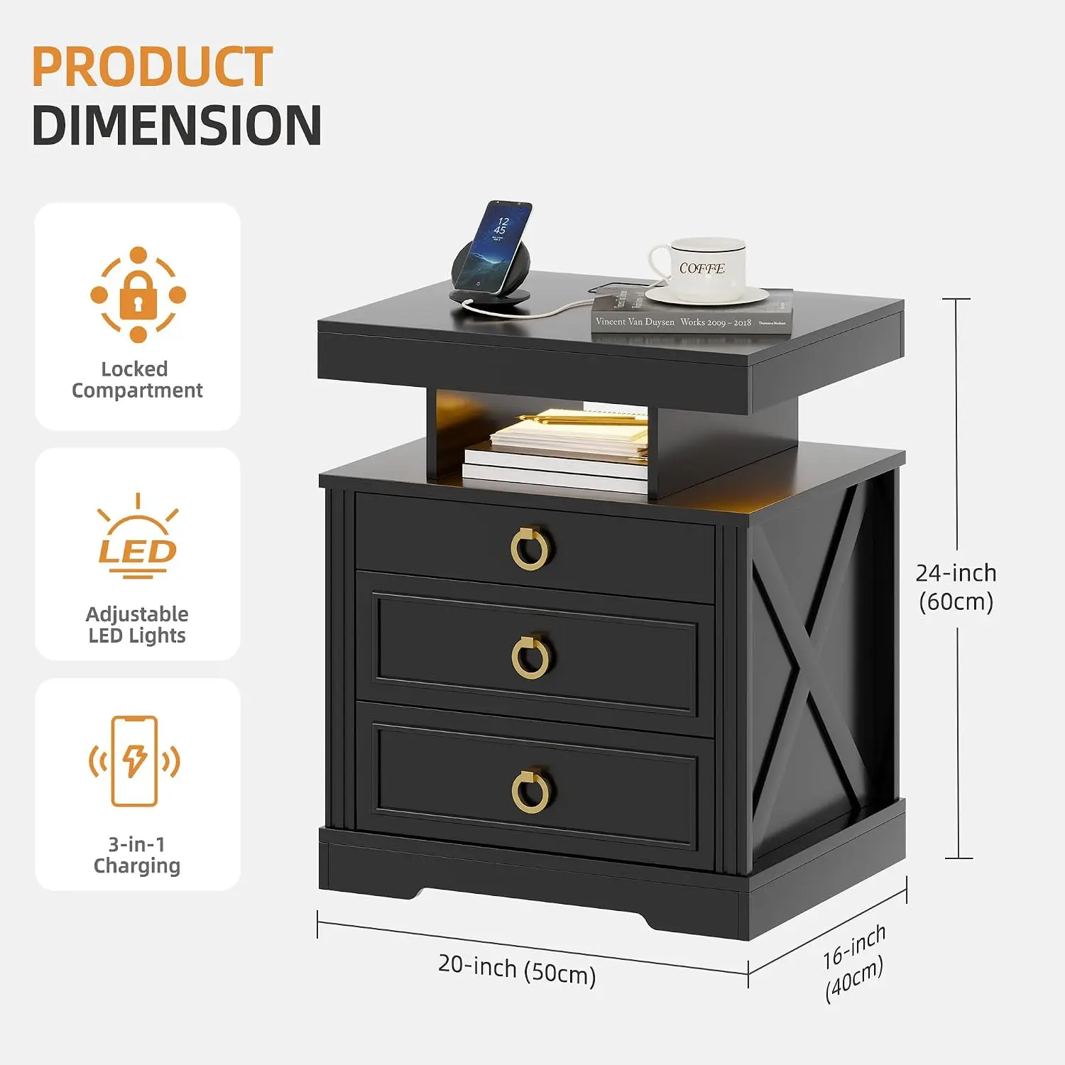 Lockable Nightstand with Hidden Drawer & Charging Station, LED Light, Black, Customized