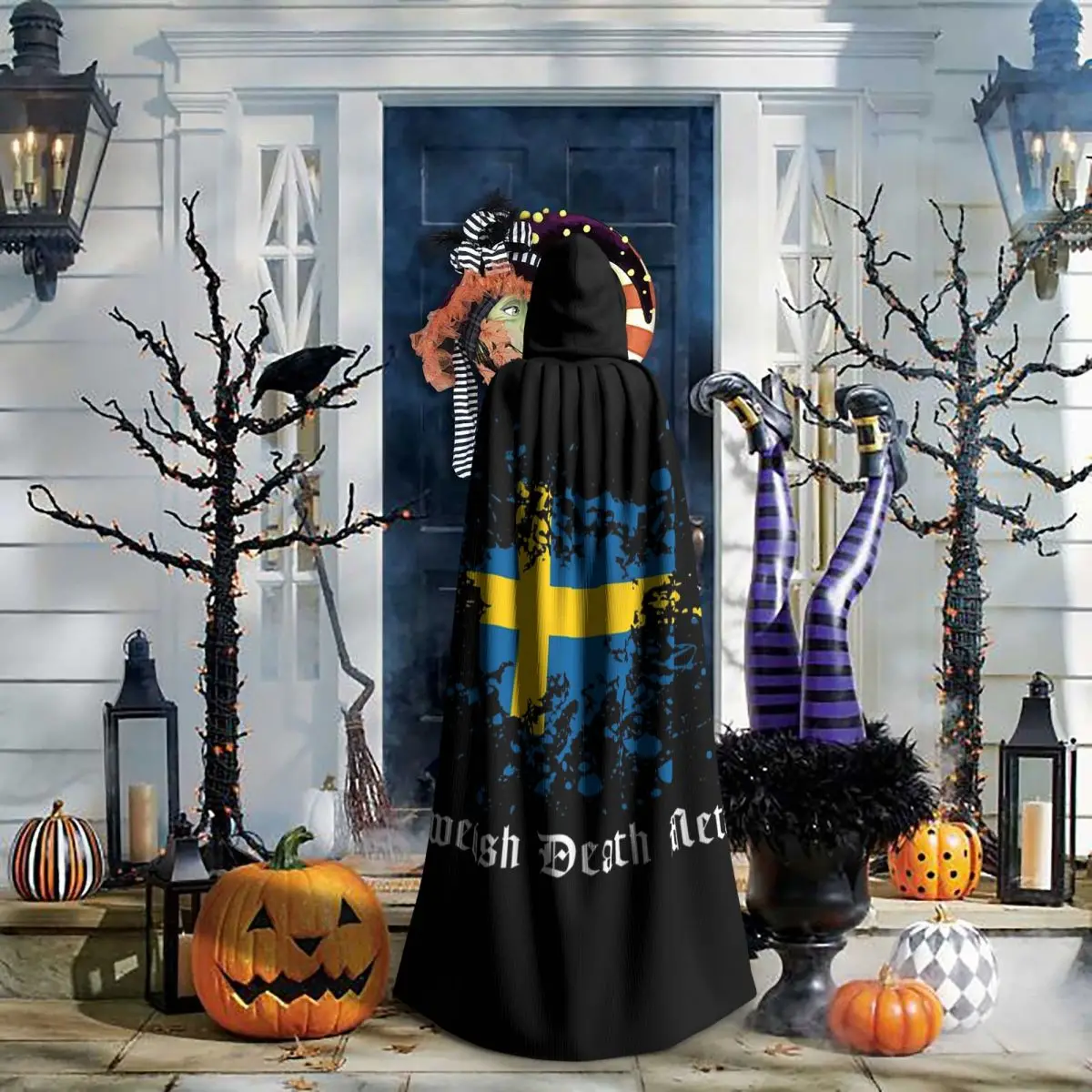 

Swedish Death Metal Band Black Heavy Sweden Flag Long Hooded Cloak Witch Medieval Costume Cosplay Cape HalloweenVampire