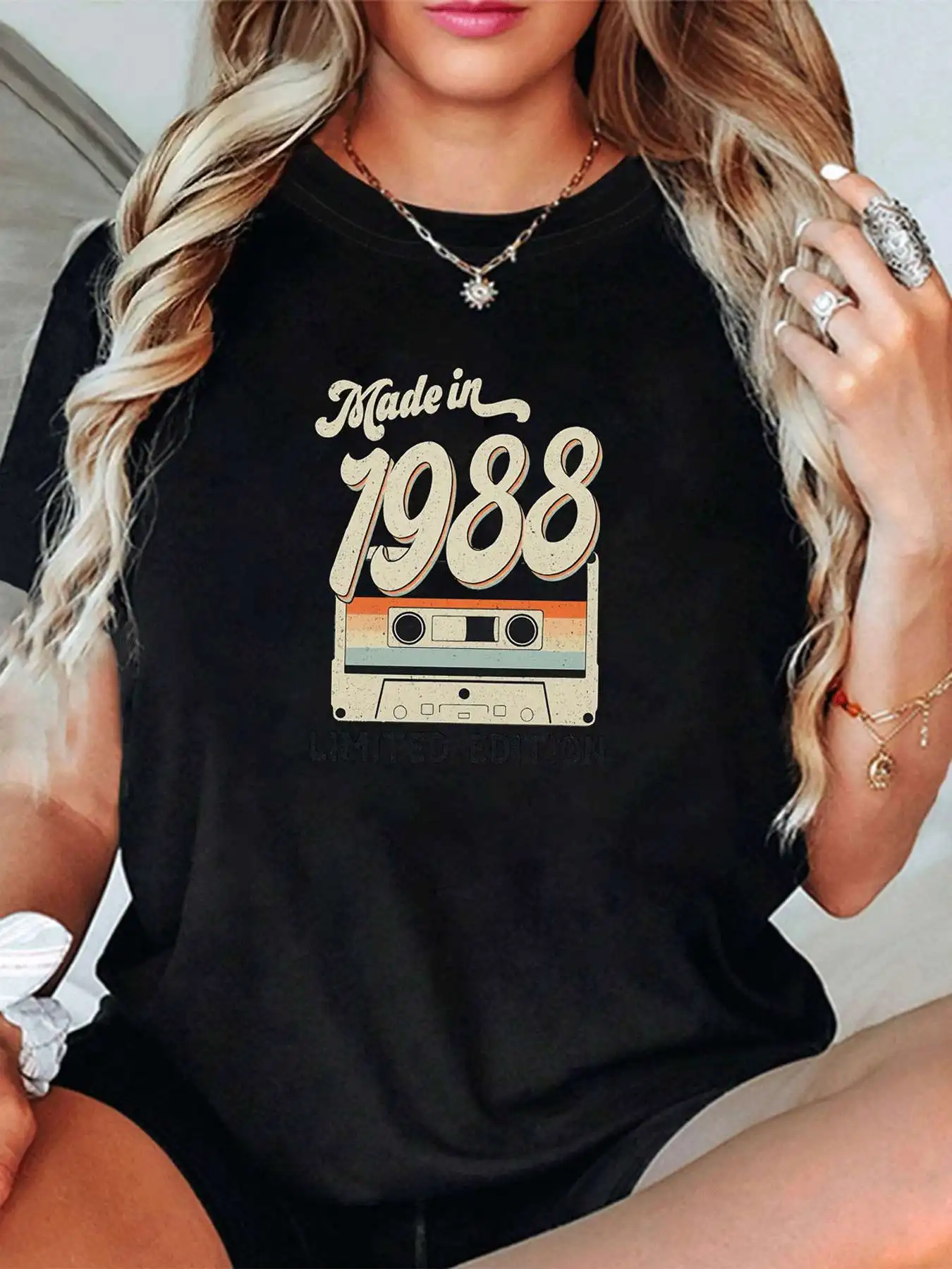 

【1146043】Plus size women's round neck short sleeve T-shirt with elastic half sleeves and trendy prints