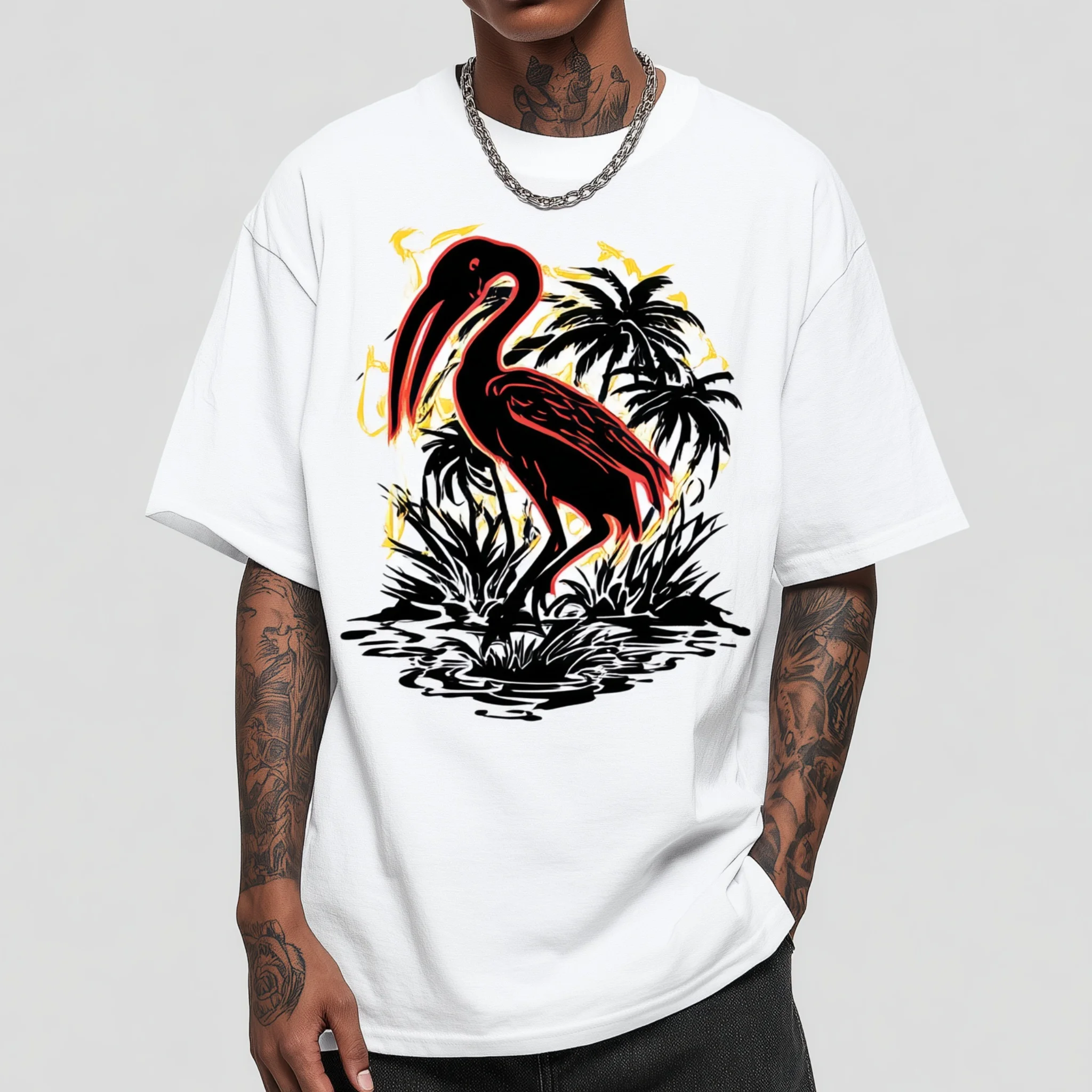 

Teevo Men's Short Sleeve T-Shirt Tropical Bird and Palm Tree Print Casual Summer Beachwear