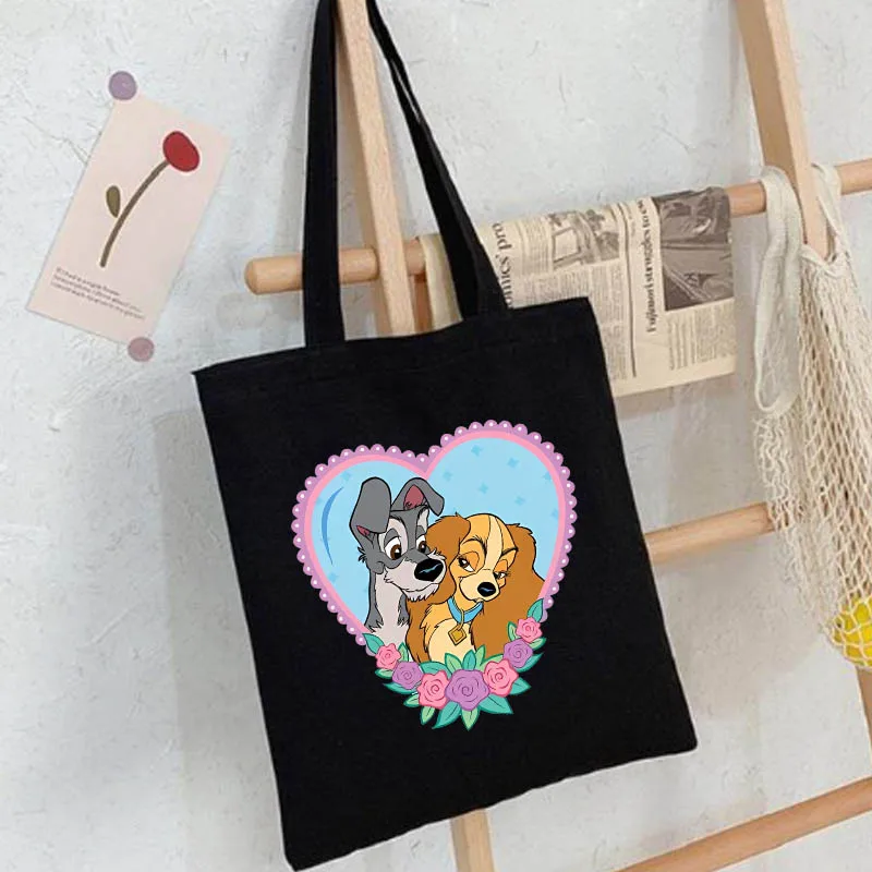 Kawaii Lady and The Tramp Disney Dog Scamp Women's Bag Canvas Shoulder Causal Tote Bag Communting Bag  Handbag Lady Shopper Bags