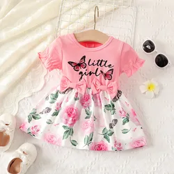 Baby girl summer lace sleeve butterfly letter flower print patchwork cute dress