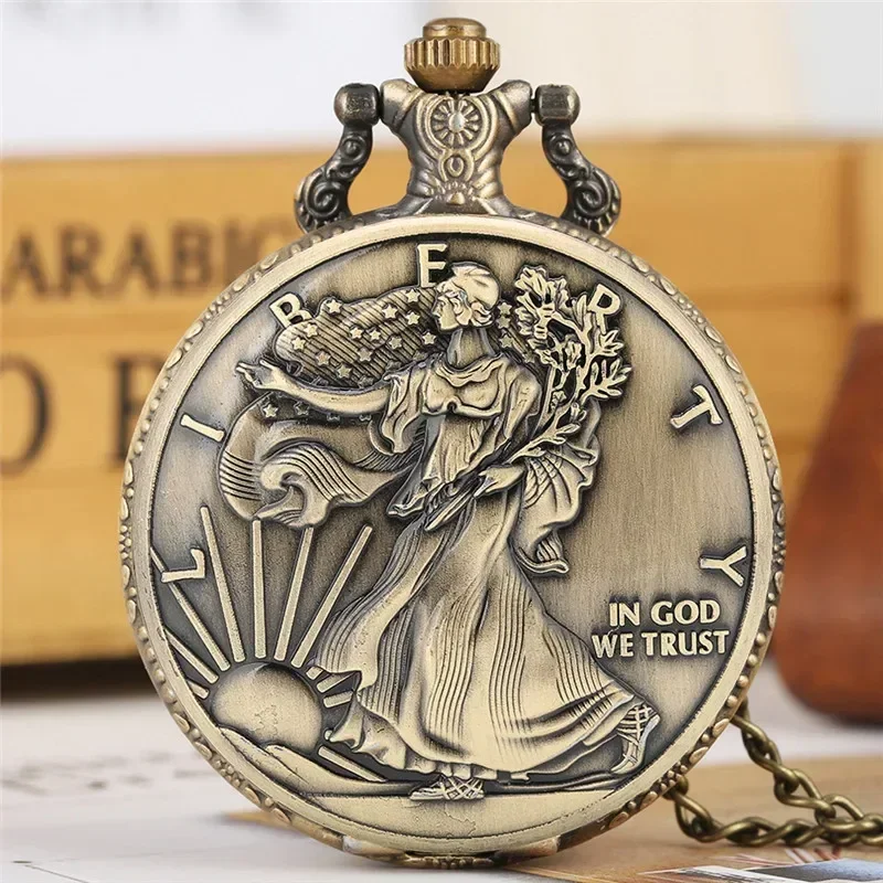 Vintage Statue of Liberty Commemorative Design Quartz Analog Pocket Watch for Men Women Fob Necklace Chain Souvenir