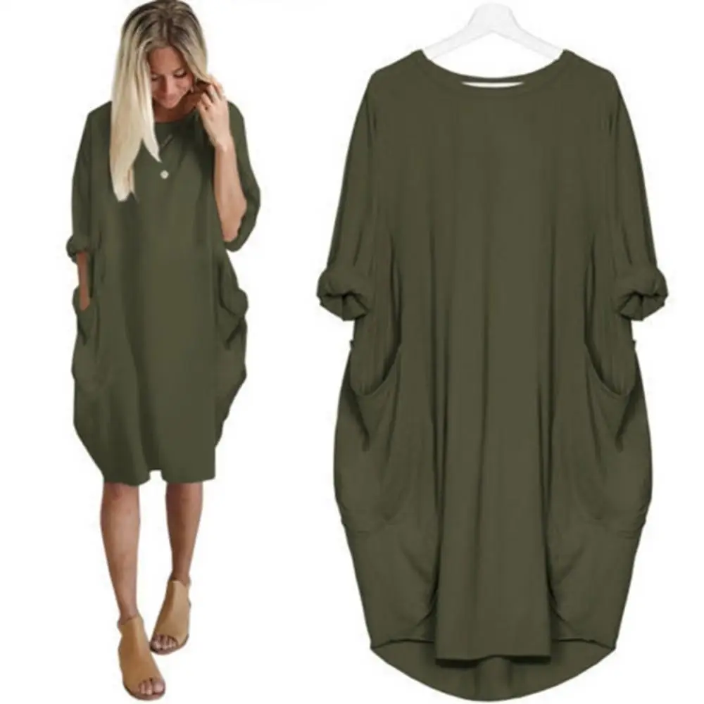 Women Casual Solid Color O Neck Long Sleeve Pockets Knee-length Baggy Dress Vestidos Streetwear