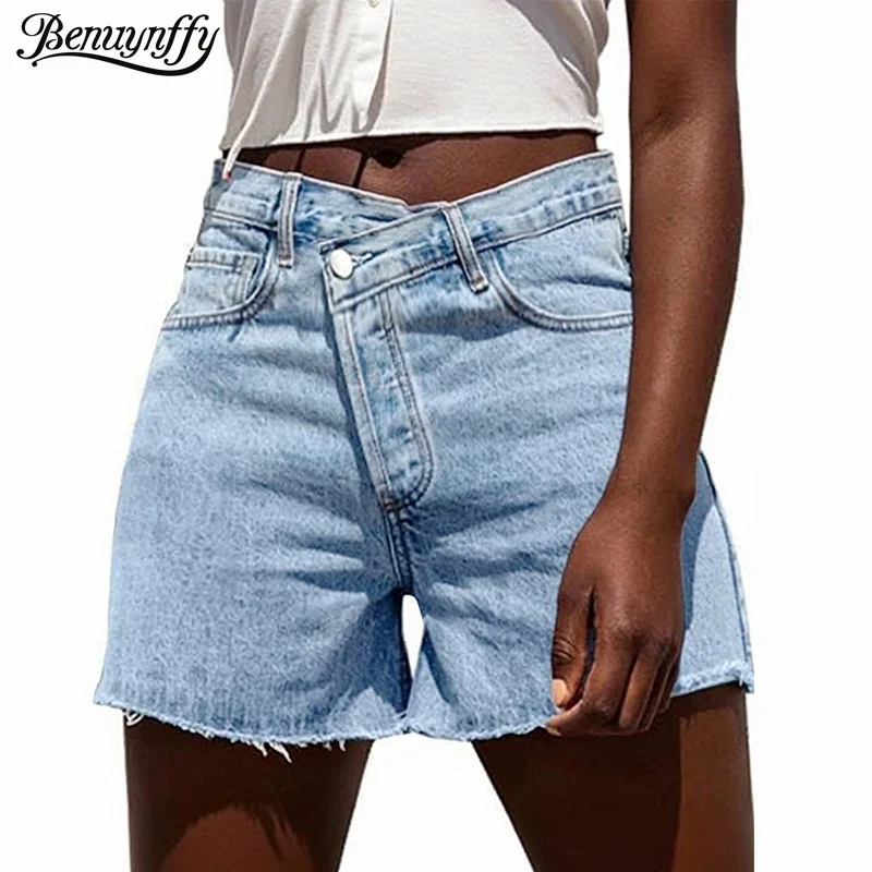 

Benuynffy Большие размеры Джинсовые шорты с асимметричной талией и необработанным подолом Женские летние новые повседневные шорты с высокой талией и карманами для женщин