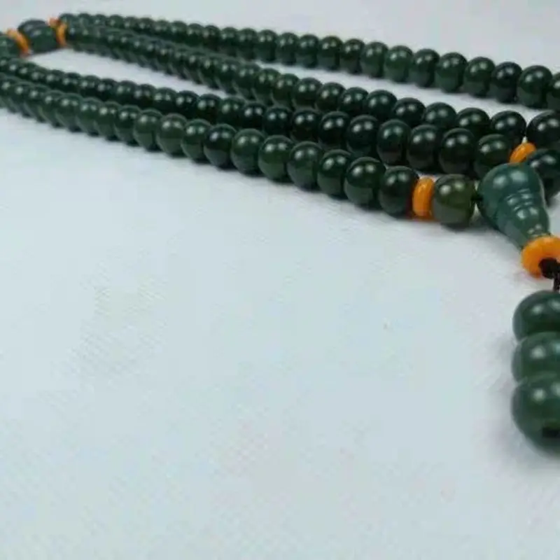 Hetian Green Jade 108 Three-Way Vintage Round Bead Necklace Handheld Bracelet Buddhist Beads Xinjiang Tower Gree