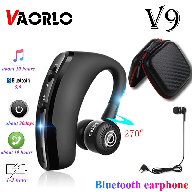 VAORLO-V9 fone de ouvido sem fio para negócios, Bluetooth 5.0, fones de ouvido esportivos mãos livres, microfone embutido, fone de ouvido de música, telefone móvel universal