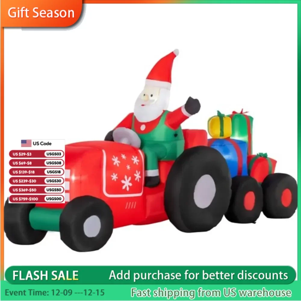 Santa Claus drives a trailer with colorful inflatable gift boxes, and the white LED lights create an eye-catching effect