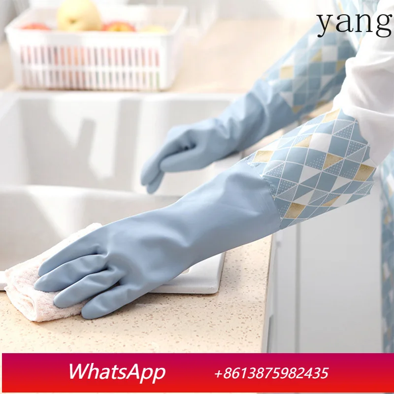 

LTT fleece dishwashing gloves waterproof kitchen durable winter lengthened thickened cleaning rubber gloves