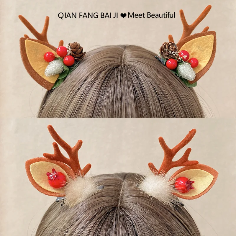 2pcs/Set Kawaii Christmas Elk Ear Hair Clip Women Girl Santa Snowman Hairpin Xmas Party Barrettes For Kids Cosplay Headwear