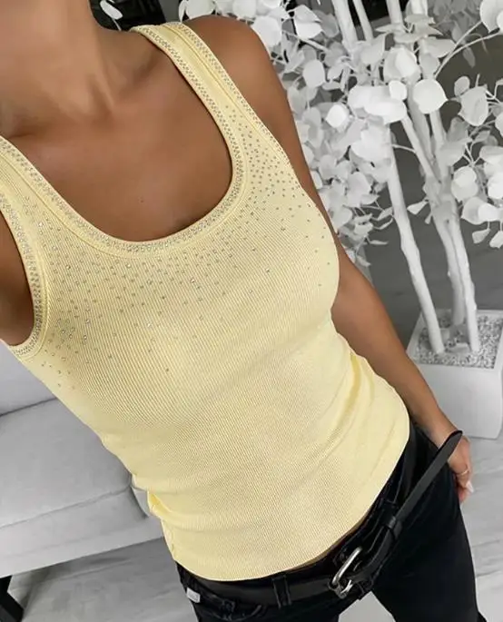 

Women's Rhinestone Decor U-Neck Sleeveless Slim Fit Ribbed Tank Top, Sparkling Fitness Fashion Top