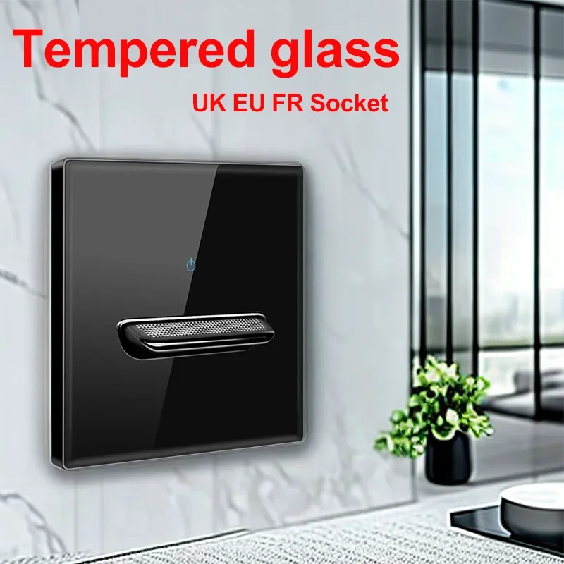 

UK EU FR Standard Tempered Glass Switch Socket with Indicator Light , Self-Reset 1 2 3 4 Gang Wall Panel Outlets, 86x86mm