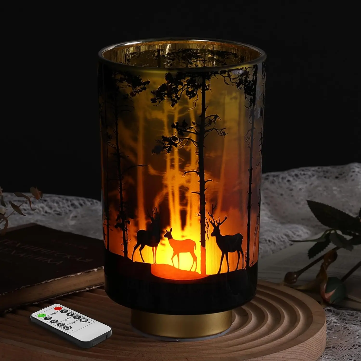 

Большая настольная лампа на батарейках с пультом дистанционного управления, лампа с акцентом лесного оленя, беспроводная стеклянная лампа для спальни, гостиной