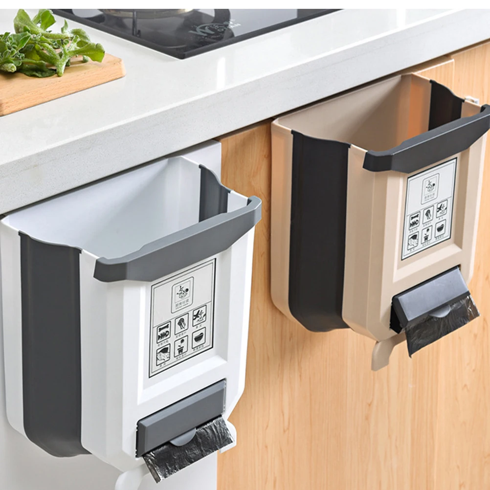 

Trash Bin Door-mounted Can Compact Car Folding Hanging Small Garbage Kitchen White