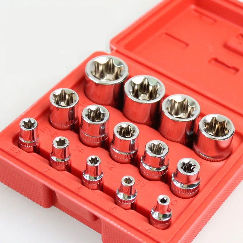 T50 14PCS Female E Star Torx Socket Set E4-E24 E-Torx External Hex Socket Insert Nut Hex Socket Set Hand Tools Part