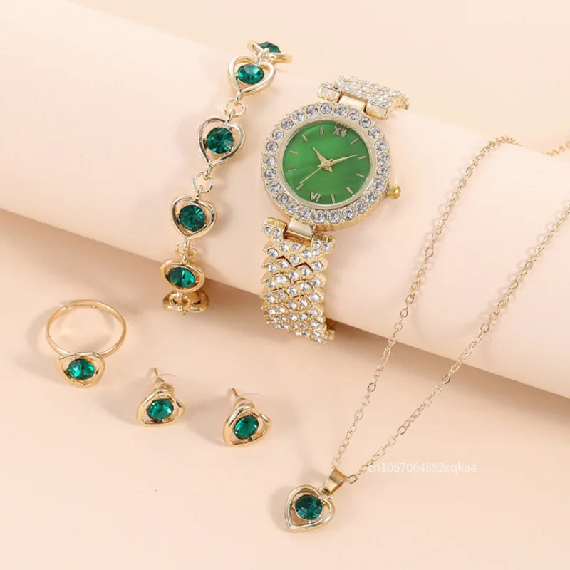 Golden Luxury Watch Women Ring Necklace Earring Rhinestone Fashion Wristwatch Casual Ladies Bracelet Watches Jewelry Set Reloj