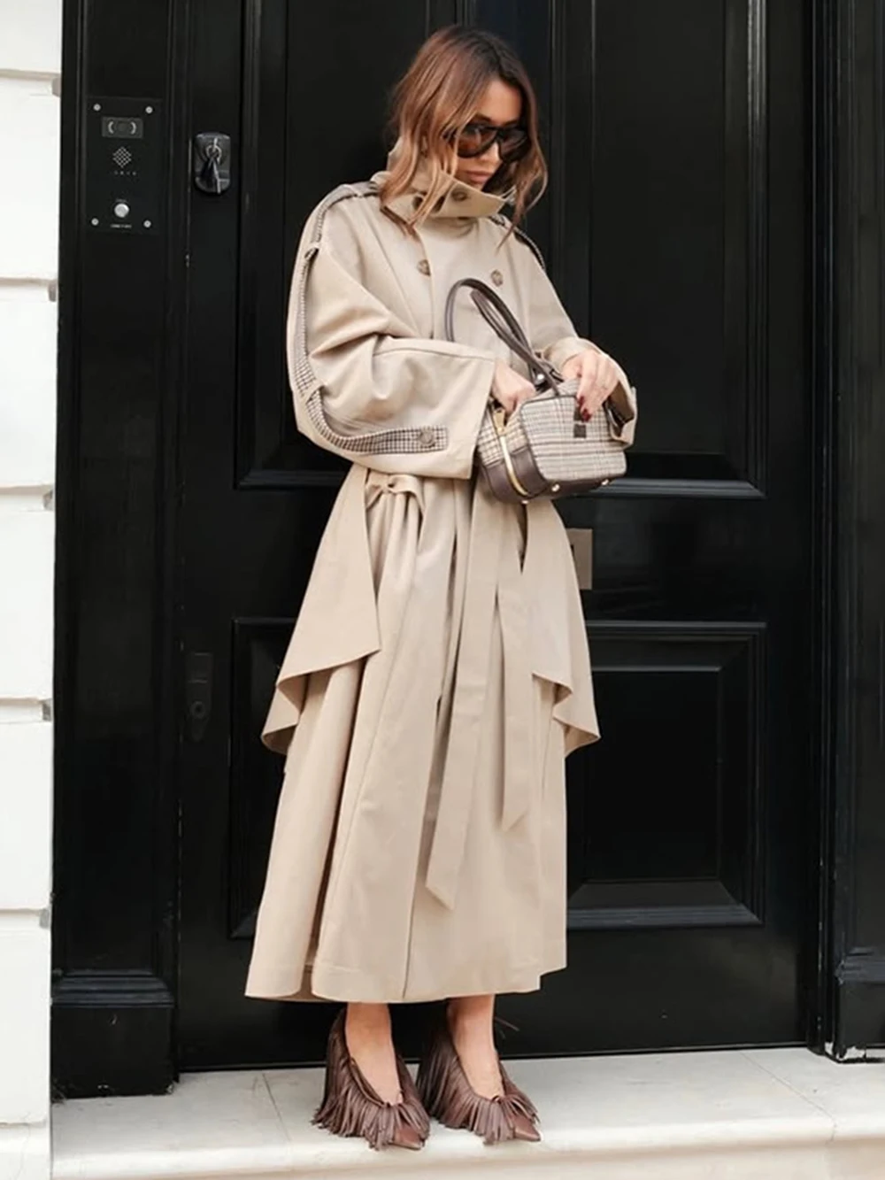 

Осенний длинный плащ цвета хаки для женщин с поясом на талии, двубортный шикарный роскошный дизайнерский европейский модный костюм 2025