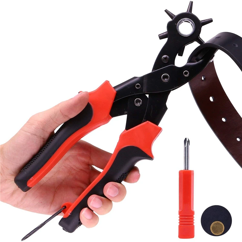 Revolving Leather Punch Plier Tool with 6 Sizes - Adjustable Hole Puncher for Belts, Watches, Saddles, Shoes, Fabric, Paper & Le