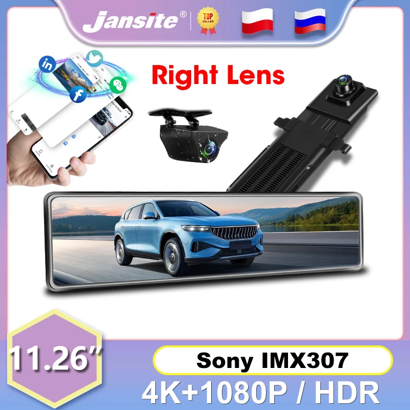 

Jansite 11.26" Car DVR Right Lens Dash Cam 4K Front / 1080P Rear Camera 2160P Recorder GPS Track Playback Wifi Type-C interface