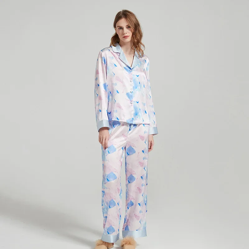 Printing 100% Mulberry Silk Female Home 2-Piece Pajamas Set 19mm Silk Pajamas Long-sleeved Trousers Suit Sleepwear for Women