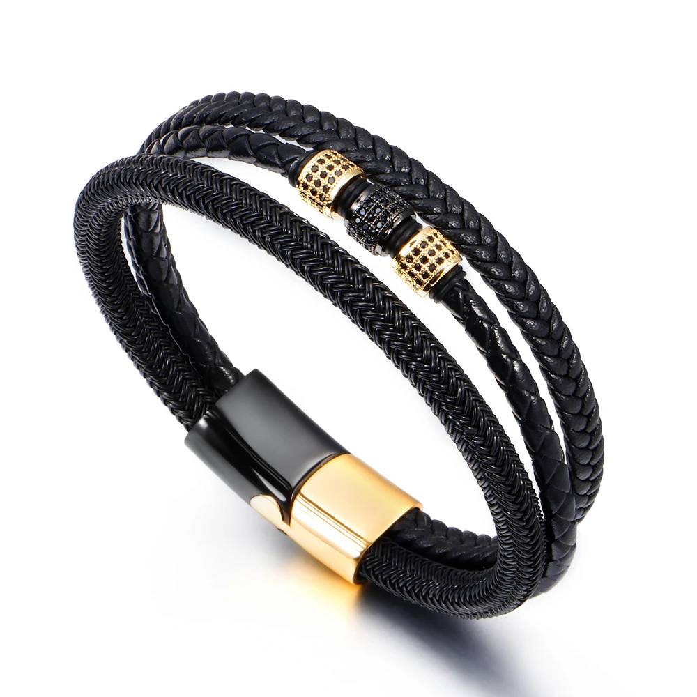 ZG Bracelets for Men Multi-layer Steel Wire Braided Trend Retro Magnet Buckle Micro-inlaid Zircon Leather Bangle Male jewelry