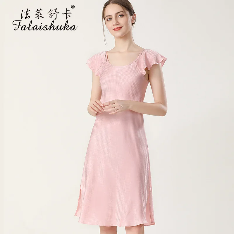 19 momme 100% Natural silk women nightgown Short sleeve sexy sweet pink nightdress sleepwear S5690