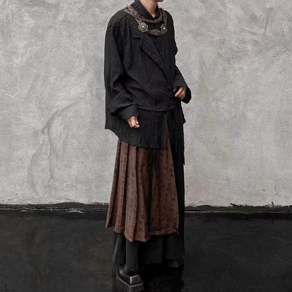 Men Splice Contrasting Color Chinese Calligraphy Casual Wide-Leg Pants 2024 New Genderless Retro Double-Layer Loose Pants Unisex