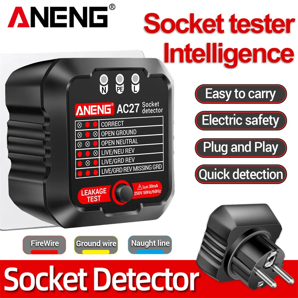 Voltage Socket Tester ANENG AC27 Intelligence Ground Zero Line Polarity Phase Circuit Checker EU/US Plug Household Detector Tool