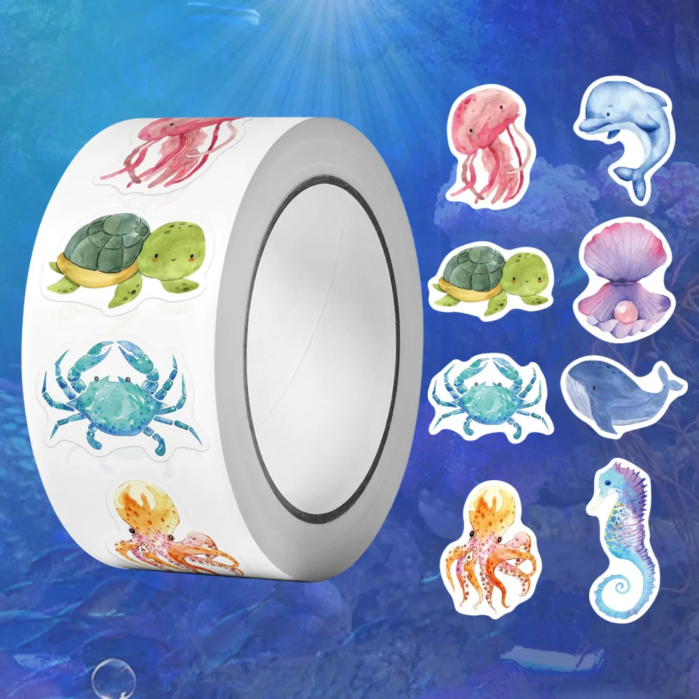 500Pcs /1 Rolls 2.5cm/1inch Aliens of Marine Cut Animals Sticker Decoration Gift Box Sticker Label Stationery Sticker