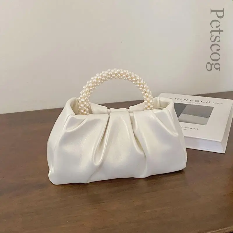 

Elegant Women's Shoulder Crossbody Bag Pearl Handle Soft Pu Leather Pleated Top-handle Clutch Purse Fashion Luxury Female Bags