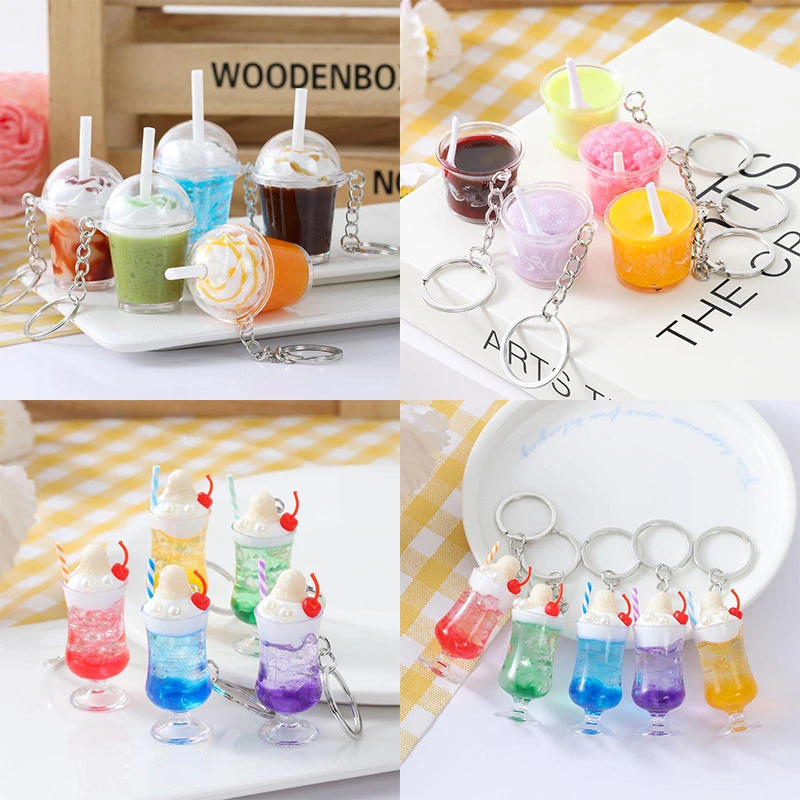 1Pcs For Bag Decoration And Small Gifts Realistic Mini Ice Cream Soda Cup Keychains With Cherry Topping Bright Colors